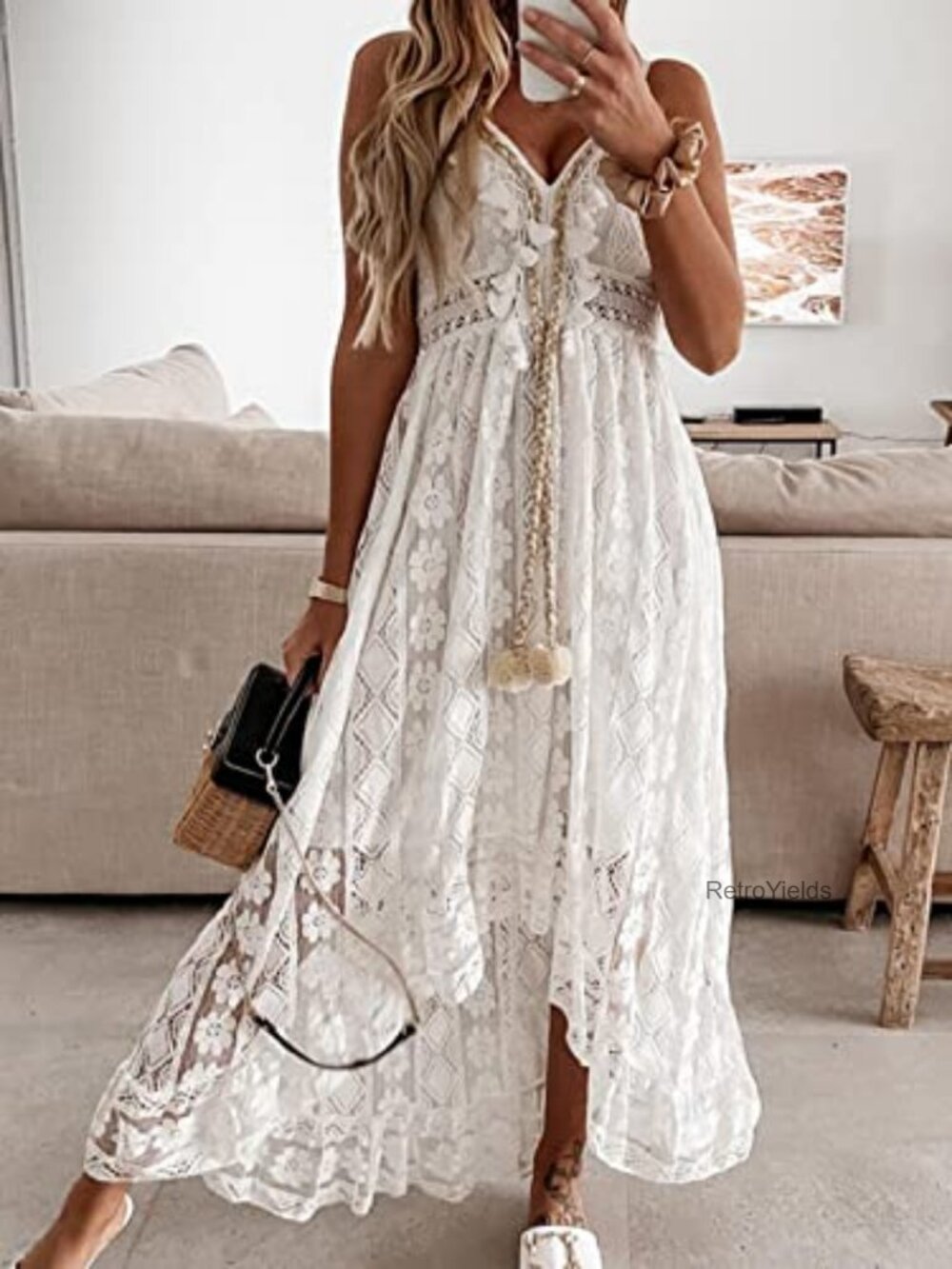 Sleeveless Lace Tassel Beach Maxi Dress Spaghetti Straps Flowy Casual - Picture 6 of 7